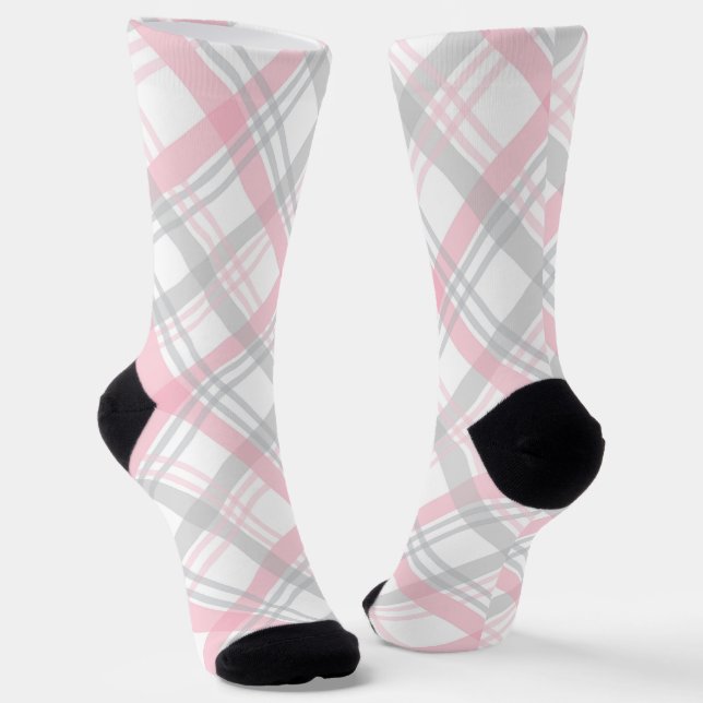 Gray and Pink Plaid Crew Socks (Angled)
