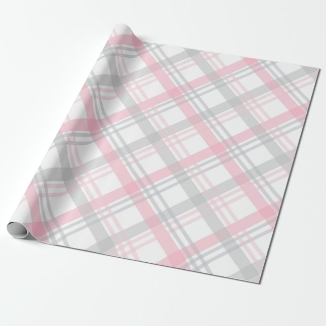 Gray and Pink Plaid Pattern Wrapping Paper (Unrolled)