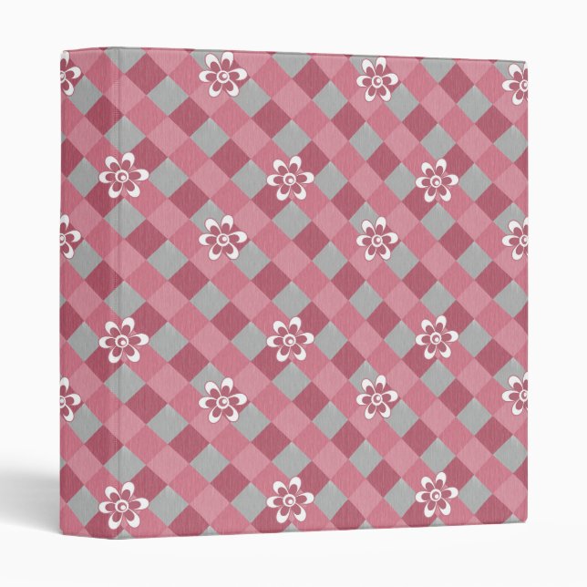 Gray and pink plaid with chamomile flowers 3 ring binder (Front/Spine)