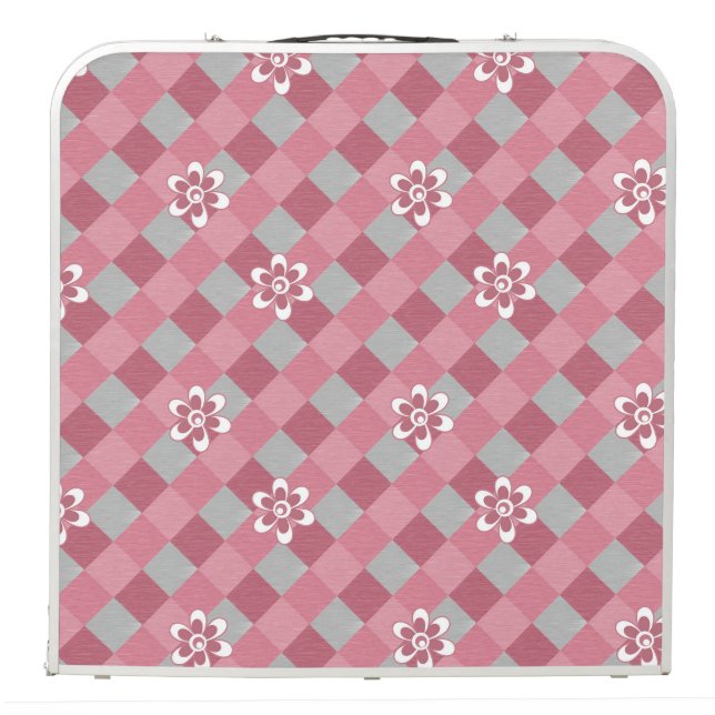 Gray and pink plaid with chamomile flowers beer pong table (Folded Back)