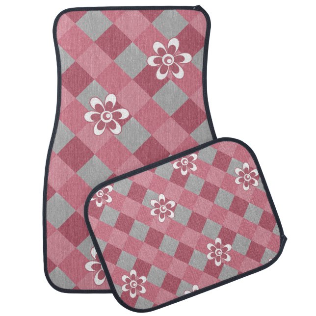 Gray and pink plaid with chamomile flowers car floor mat (Set)