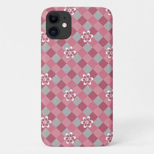 Gray and pink plaid with chamomile flowers iPhone 11 case