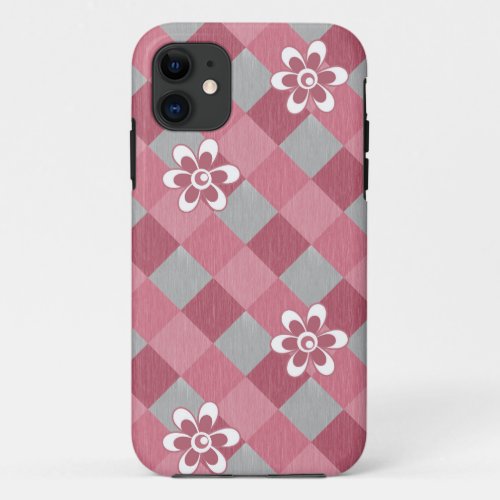 Gray and pink plaid with chamomile flowers iPhone 11 case