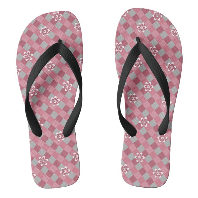 Gray and pink plaid with chamomile flowers flip flops (Footbed)