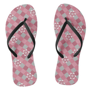 Gray and pink plaid with chamomile flowers flip flops