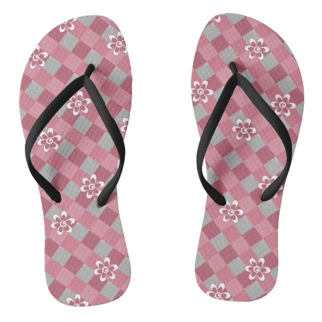 Gray and pink plaid with chamomile flowers flip flops (Footbed)