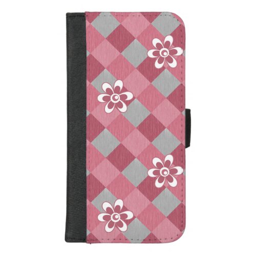 Gray and pink plaid with chamomile flowers iPhone 87 plus wallet case