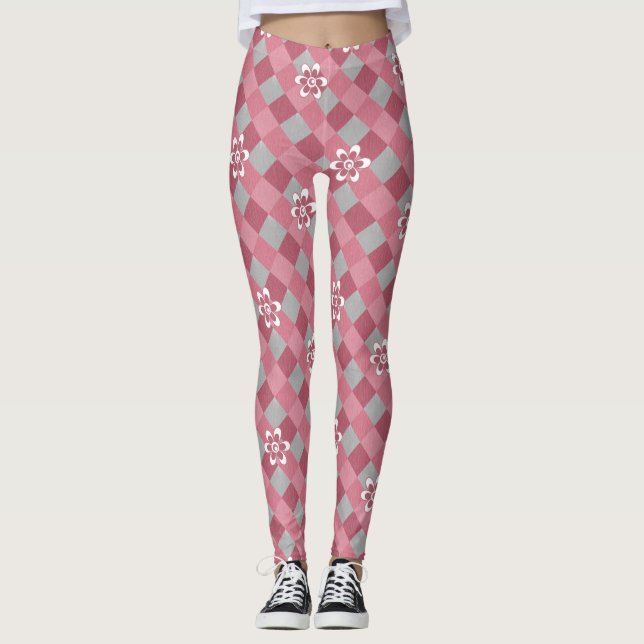 Gray and pink plaid with chamomile flowers leggings (Front)