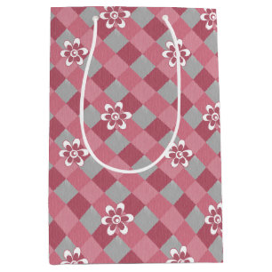 Gray and pink plaid with chamomile flowers medium gift bag