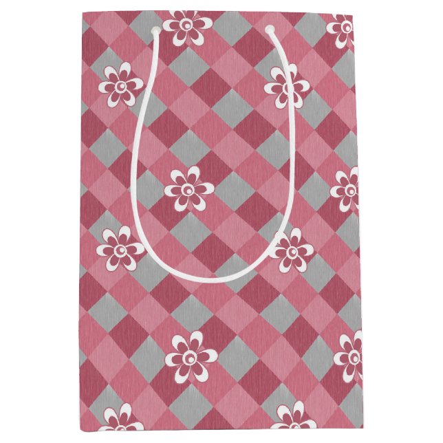 Gray and pink plaid with chamomile flowers medium gift bag (Front)