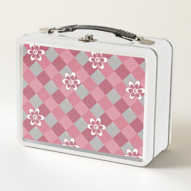 Gray and pink plaid with chamomile flowers metal lunch box (Front)
