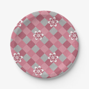 Gray and pink plaid with chamomile flowers paper plates
