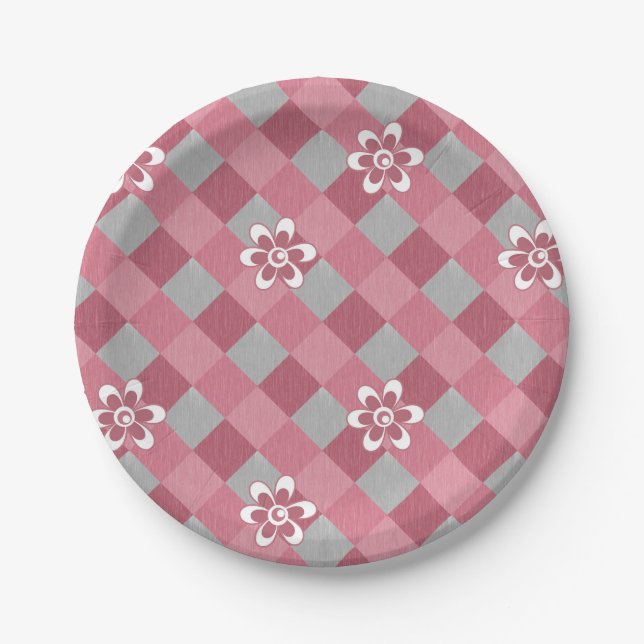 Gray and pink plaid with chamomile flowers paper plates (Front)