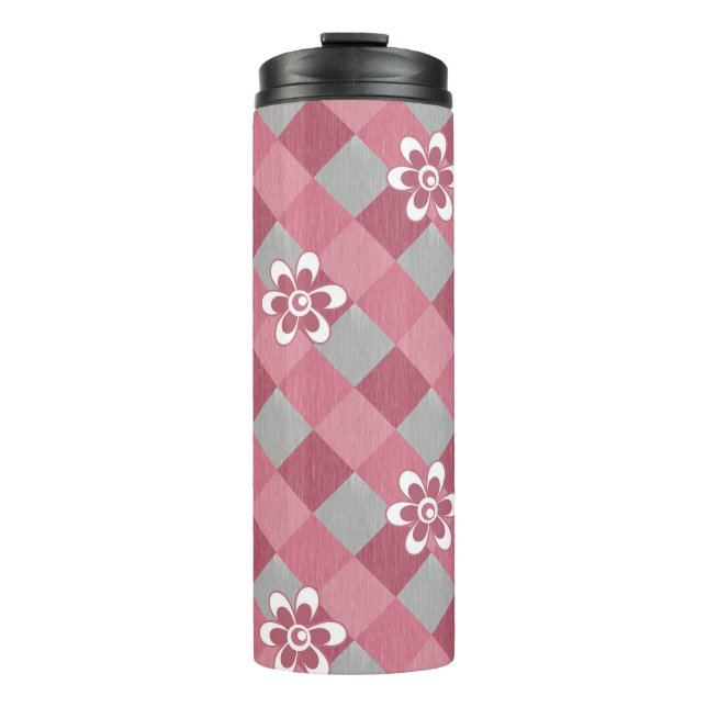 Gray and pink plaid with chamomile flowers thermal tumbler (Front)
