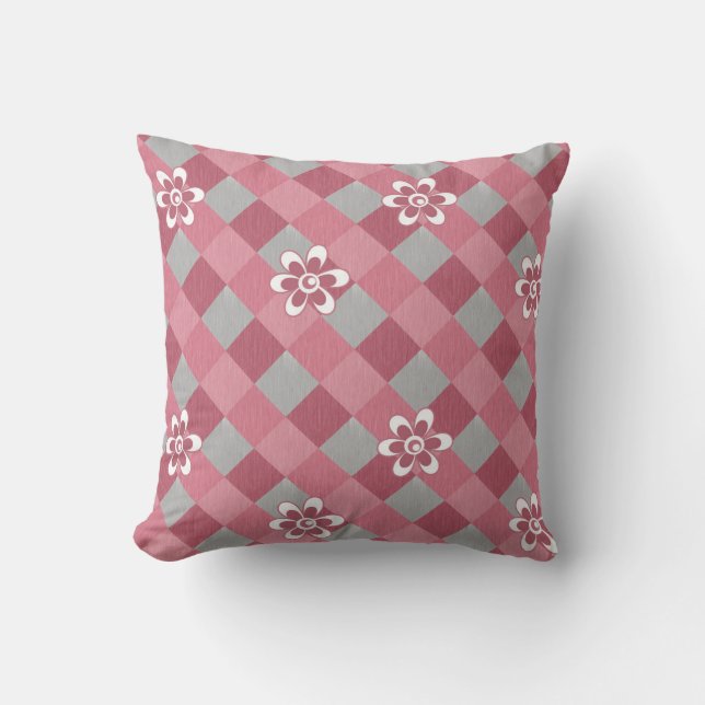 Gray and pink plaid with chamomile flowers throw pillow (Front)