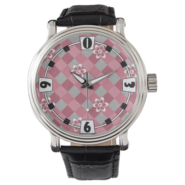 Gray and pink plaid with chamomile flowers watch (Front)