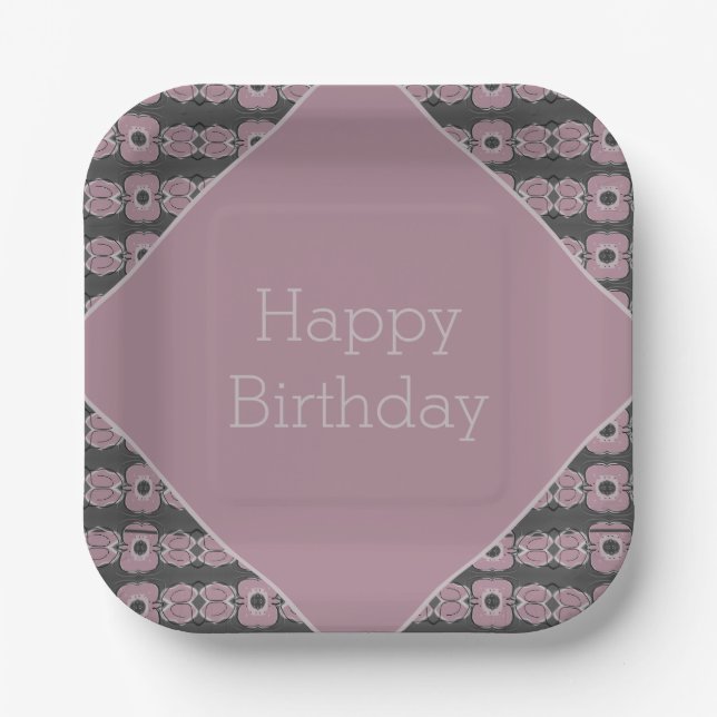 Gray And Pink Plum Floral Square Paper Plates (Front)
