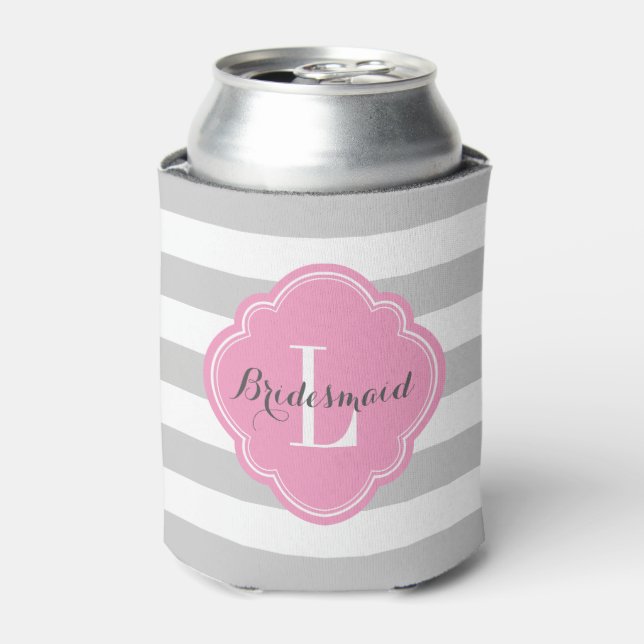Gray and Pink Preppy Stripes Monogram Can Cooler (Can Front)