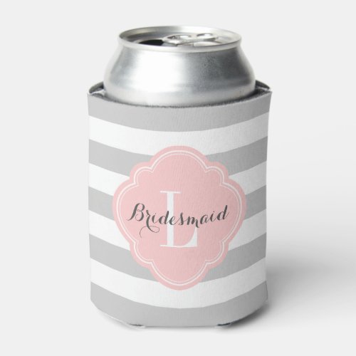 Gray and Pink Preppy Stripes Monogram Can Cooler