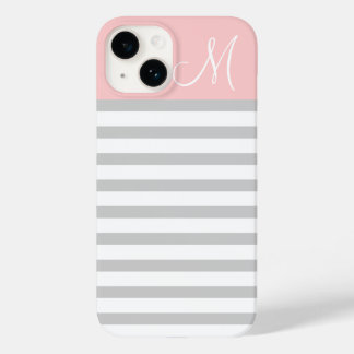 Gray and Pink Preppy Stripes Monogram Case-Mate iPhone 14 Case