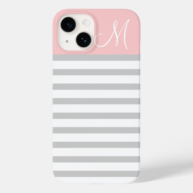 Gray and Pink Preppy Stripes Monogram Case-Mate iPhone Case (Back)