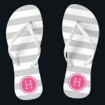 Gray and Pink Preppy Stripes Monogram Flip Flops<br><div class="desc">Custom printed flip flop sandals with a preppy nautical stripe pattern and your custom monogram or other text in a circle frame. Click Customize It to change text fonts and colors or add your own images to create a unique one of a kind design!</div>