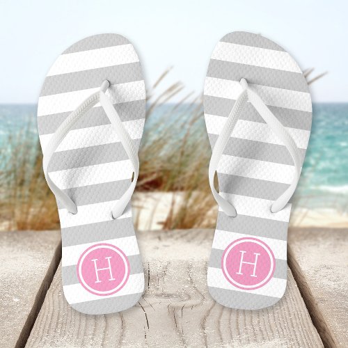 Gray and Pink Preppy Stripes Monogram Flip Flops