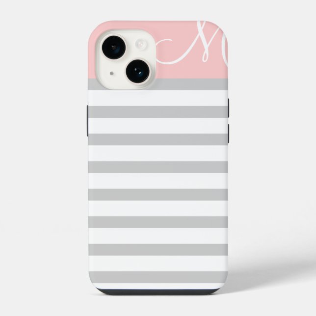 Gray and Pink Preppy Stripes Monogram Iphone Case (Back)