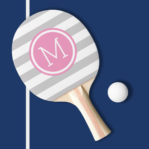 Gray and Pink Preppy Stripes Monogram Ping Pong Paddle
