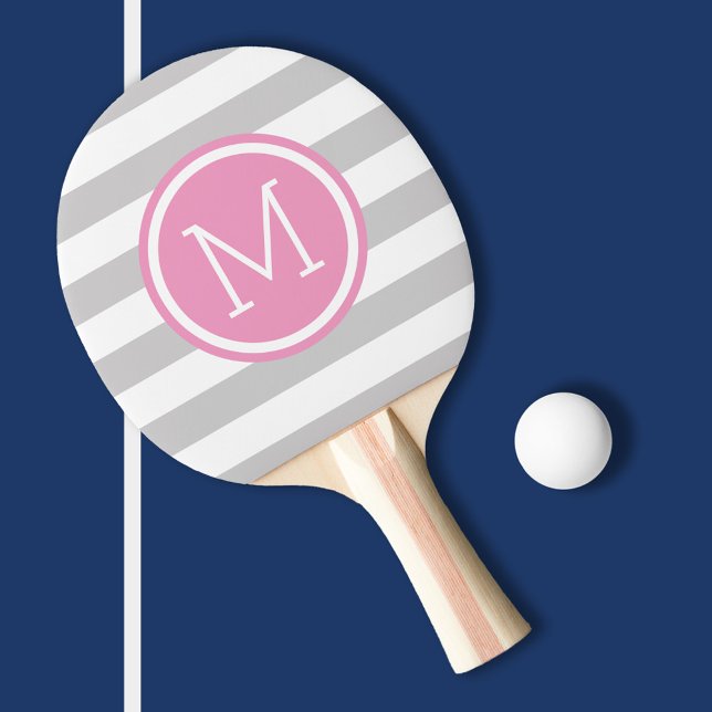 Gray and Pink Preppy Stripes Monogram Ping Pong Paddle (Creator Uploaded)