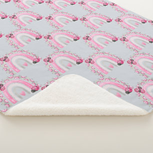 Gray and Pink Rainbows and Ladybugs Baby Sherpa Blanket