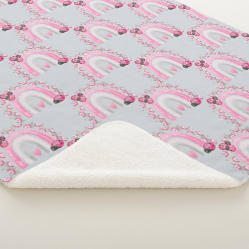 Gray and Pink Rainbows and Ladybugs Baby Sherpa Blanket