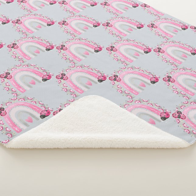 Gray and Pink Rainbows and Ladybugs Baby Sherpa Blanket (3/4)
