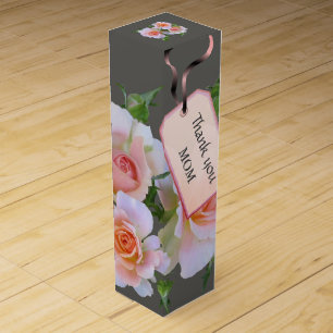 Gray and Pink Roses Thank you Mom Wine Box