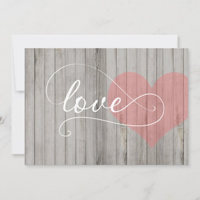 Gray and Pink Rustic Wood Heart Wedding Invite (Front)