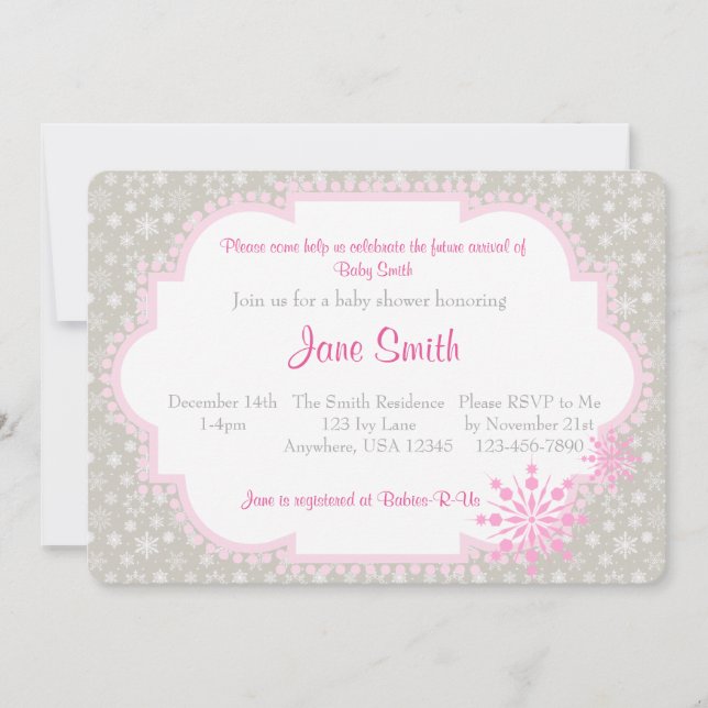 Gray and Pink Snowflake Baby Shower Invitation (Front)
