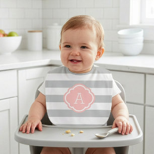 Gray and Pink Stripes Monogram Editable Colors Baby Bib