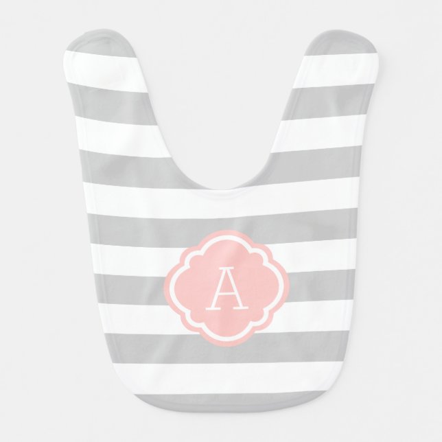 Gray and Pink Stripes Monogram | Editable Colors Baby Bib (Front)