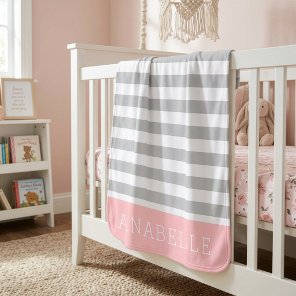 Gray and Pink Stripes Monogram | Editable Colors Baby Blanket