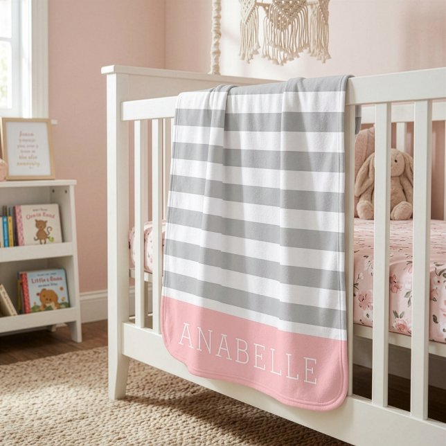 Gray and Pink Stripes Monogram | Editable Colors Baby Blanket (Creator Uploaded)
