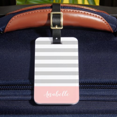 Gray and Pink Stripes Monogram  Editable Colors Luggage Tag