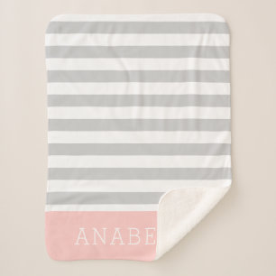 Gray and Pink Stripes Monogram   Editable Colors Sherpa Blanket