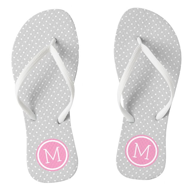 Gray and Pink Tiny Dots Monogram Flip Flops (Footbed)