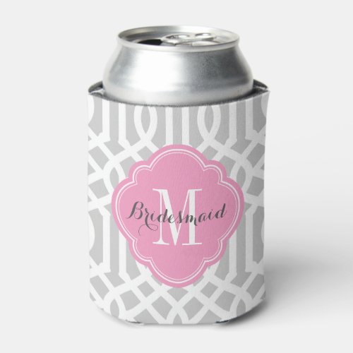 Gray and Pink Trellis Monogram Can Cooler