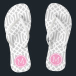 Gray and Pink Trellis Monogram Flip Flops<br><div class="desc">Custom printed flip flop sandals with a stylish modern trellis pattern and your custom monogram or other text in a circle frame. Click Customize It to change text fonts and colors or add your own images to create a unique one of a kind design!</div>