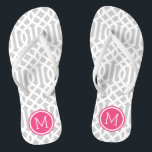 Gray and Pink Trellis Monogram Flip Flops<br><div class="desc">Custom printed flip flop sandals with a stylish modern trellis pattern and your custom monogram or other text in a circle frame. Click Customize It to change text fonts and colors or add your own images to create a unique one of a kind design!</div>