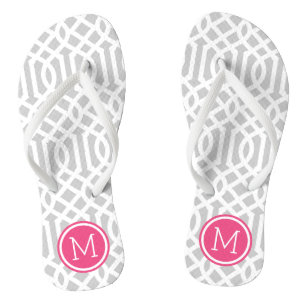 Gray and Pink Trellis Monogram Flip Flops