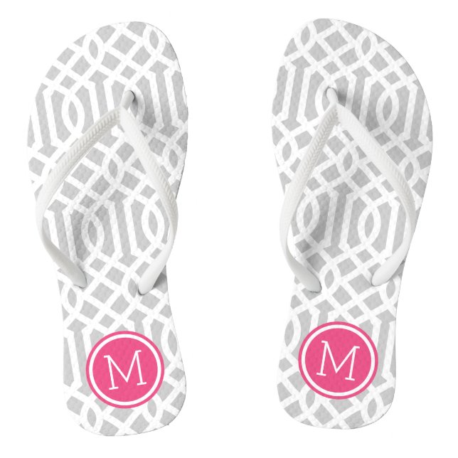Gray and Pink Trellis Monogram Flip Flops (Footbed)