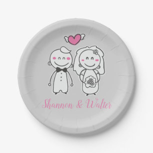 Gray And Pink Wedding Bride & Groom Personalized Paper Plates