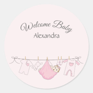 Gray and Pink Welcome Baby Girl Adorable Classic Round Sticker
